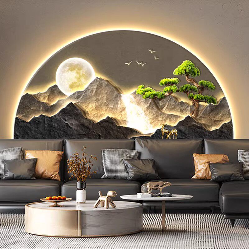 流水生财客厅装饰画轻奢山水沙发背景墙挂画高级感大气发光壁灯画