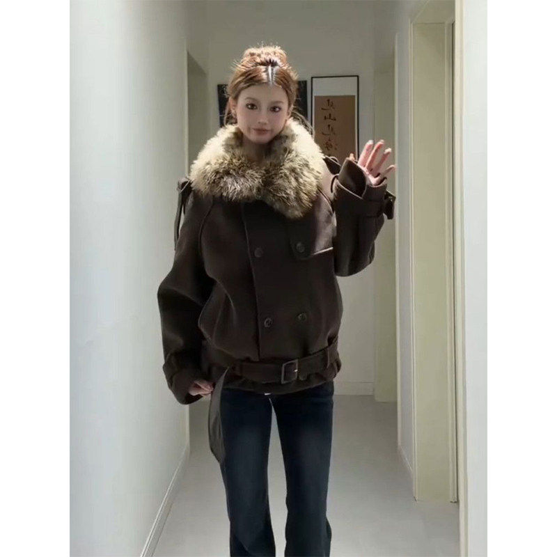 美式复古毛领双排扣毛呢外套女冬季新款小众宽松加厚保暖短款大衣,女装/女士精品,毛呢外套,淘宝优惠券,粉丝福利购,淘宝优惠卷