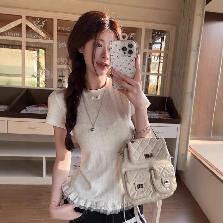 ins时尚提花甜美蕾丝花边拼接短袖T恤女夏季新款修身打底女上衣潮