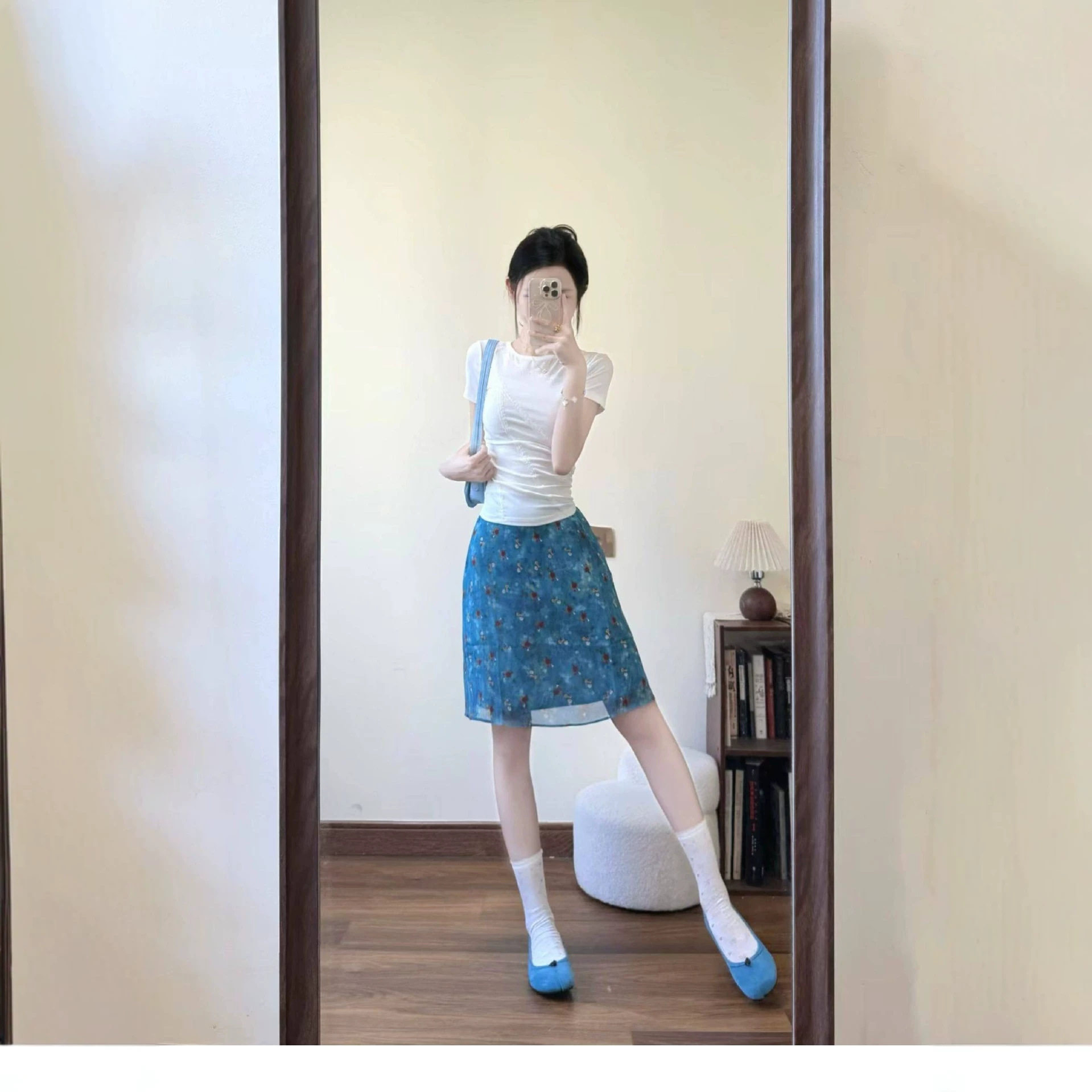 2026新款韩系一整套女短袖裙子夏季小清新搭配蓝色碎花半裙套装潮