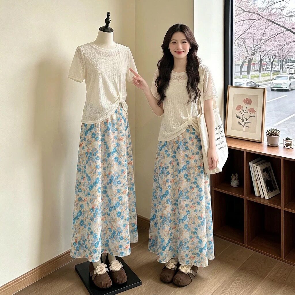 大码夏季新款法式吊带清新甜美上衣碎花半身裙减龄显瘦三件套套装