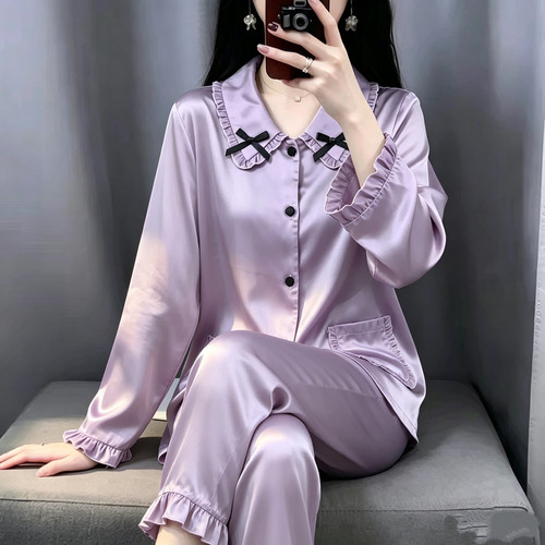 冰丝睡衣女春秋季长袖长裤开衫娃娃领家居服套装可外穿