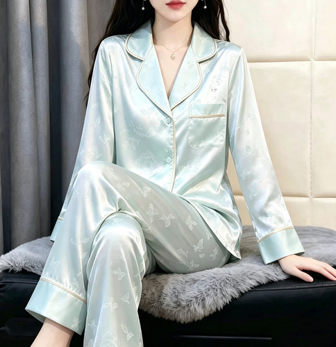 冰丝睡衣女春秋季长袖蝴蝶提花家居服夏天薄款家居服套装甜美睡衣