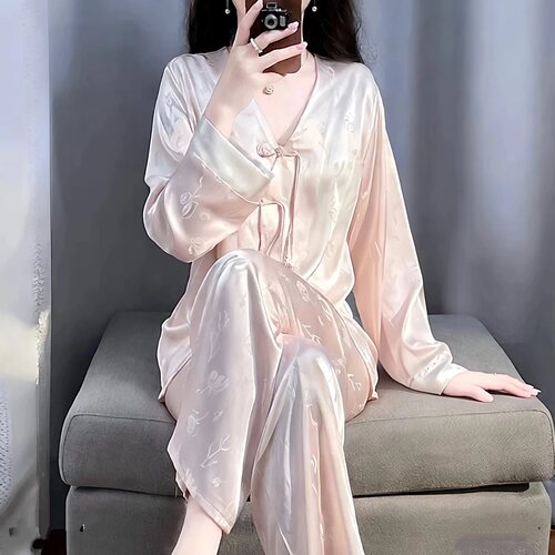 2026新款睡衣女春秋季长袖长裤家居服套装薄冰丝时尚粉色