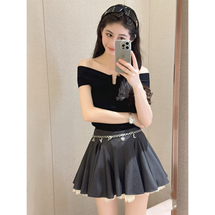 JR专柜正品2025夏季新款一字肩时尚短袖修身显瘦针织衫R125801D