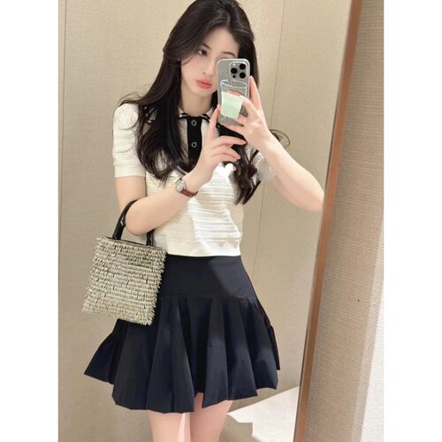 JR 专柜正品 夏季新款 翻领甜美气质黑白简约针织衫Q126901E