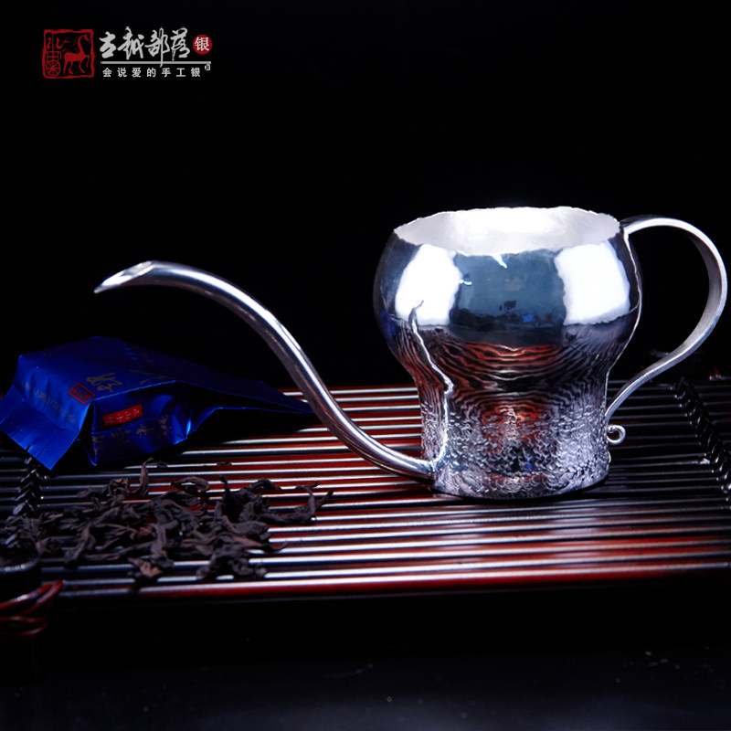 古越部落银壶s990纯银天鹅湖茶海手工原创公道杯足银茶杯锤纹银杯