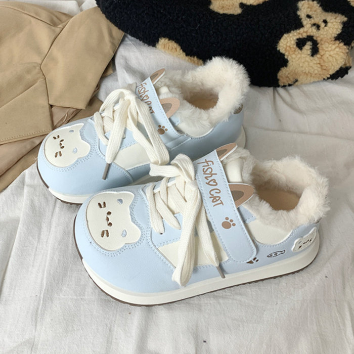 可爱猫咪加绒棉鞋女2025新款冬季保暖板鞋百搭运动休闲鞋