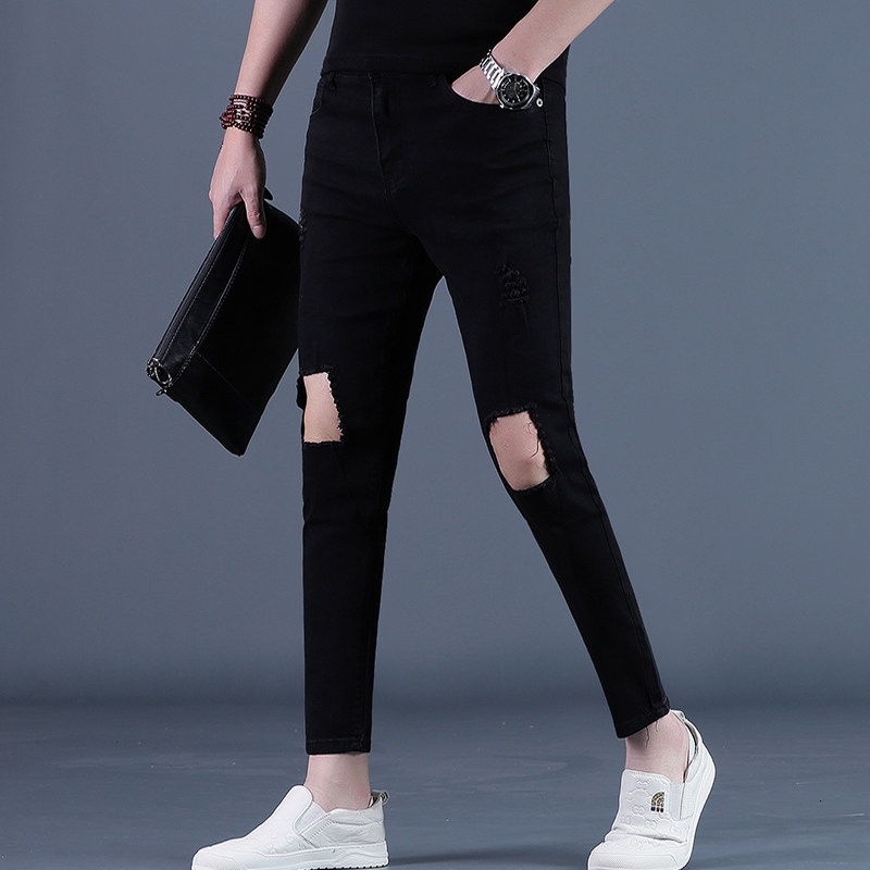 九分裤男士牛仔裤潮流2026新款修身小脚破洞夏季9分裤子男薄黑色