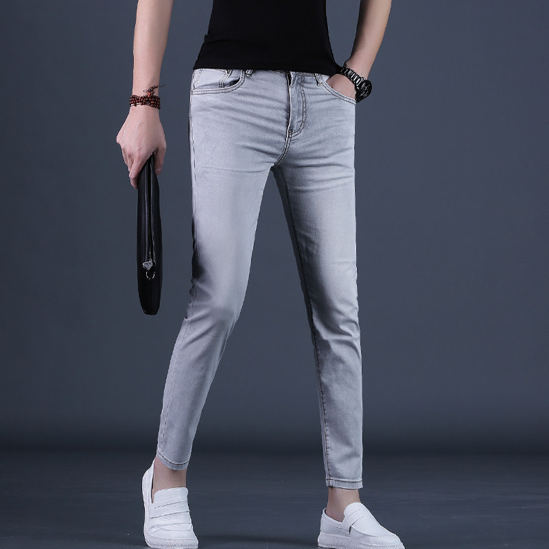 浅灰色九分裤男士牛仔裤夏款潮流修身小脚9分休闲裤子男2026男裤