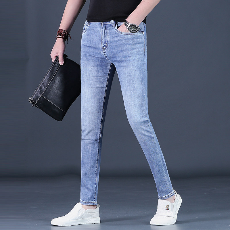 浅蓝色牛仔裤男款潮流修身小脚2025上新男士休闲长裤子夏季男裤薄