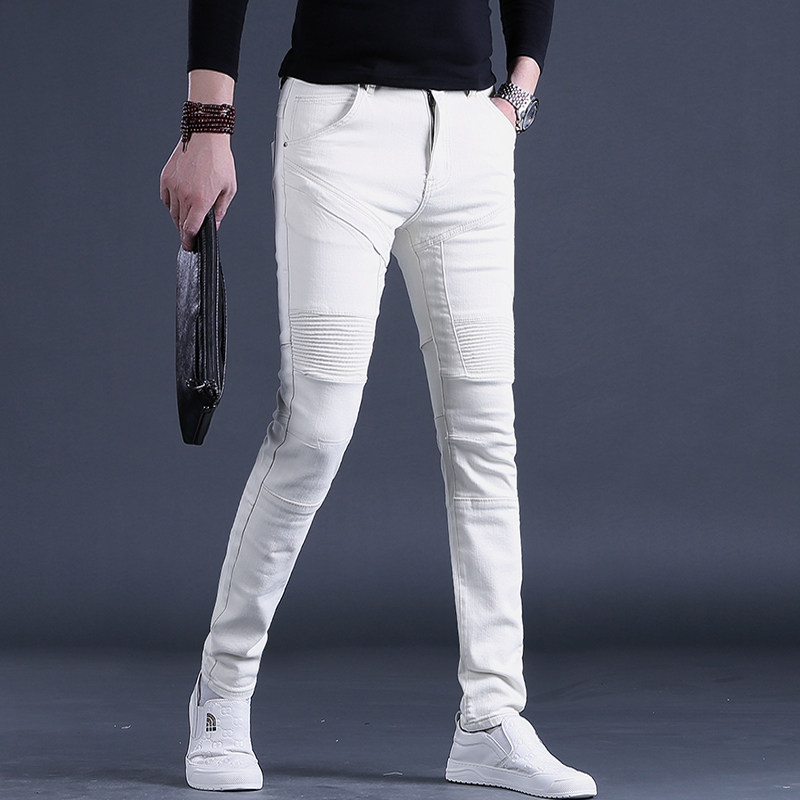 秋冬牛仔裤男款潮牌拼接修身小脚白色男士休闲长裤厚潮流冬季男裤
