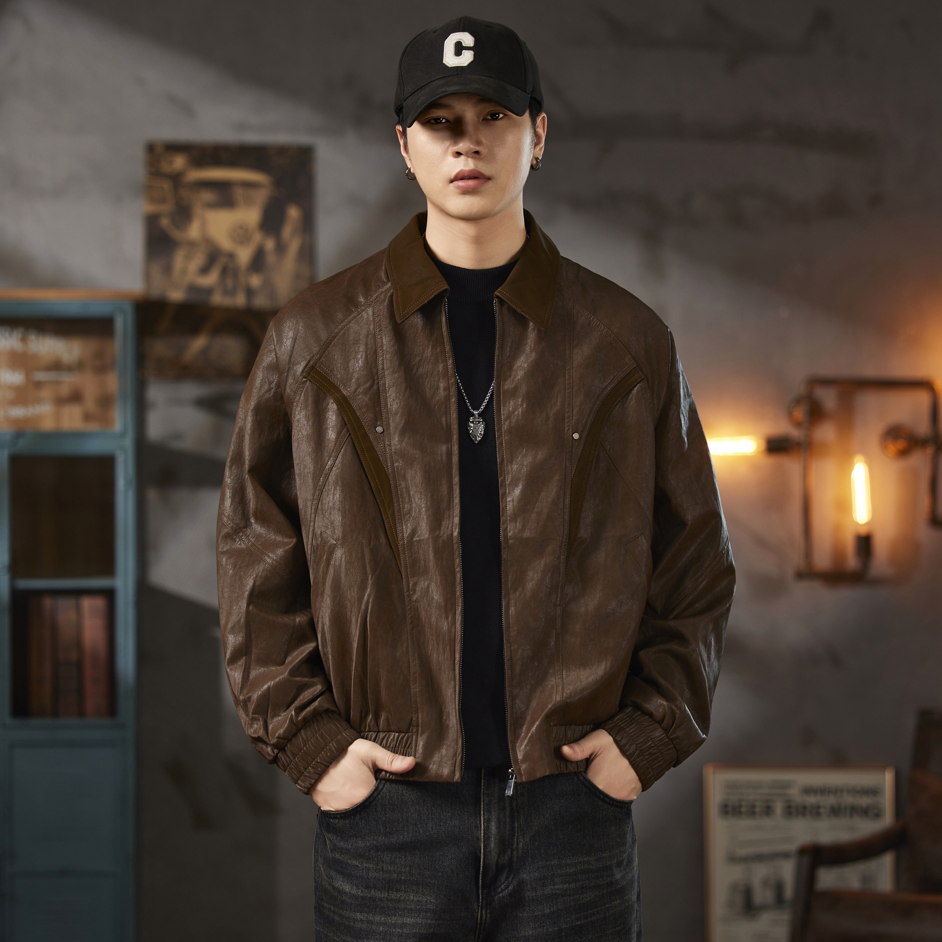 皮衣外套男潮牌潮流秋季新款2025飞行夹克潮男潮流机车防水服秋冬