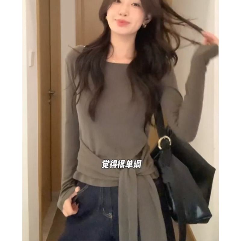 假两件绑带船领长袖T恤女2025新款复古休闲百搭高智感修身上衣