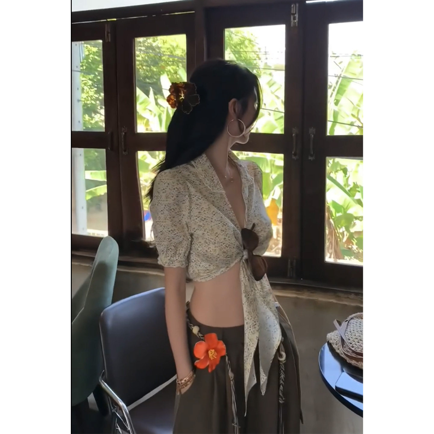 法式纯欲风碎花绑带衬衫女图片
