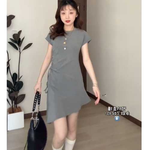 韩系灰色飞飞短袖连衣裙女