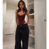 欧美风棕色连体塑身衣女纯欲辣妹紧身收腰腹三角包臀吊带连体衣