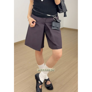 灰紫色打褶五分裤女设计感夏季新款前插袋休闲百搭利落A字短裙裤