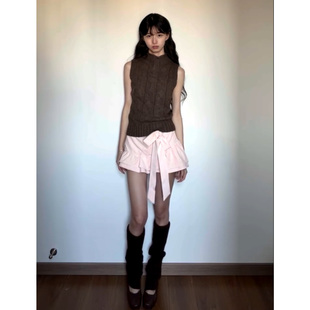 蝴蝶少女粉色麂皮半身裙女2026新款低腰休闲百搭系带短款a字裙