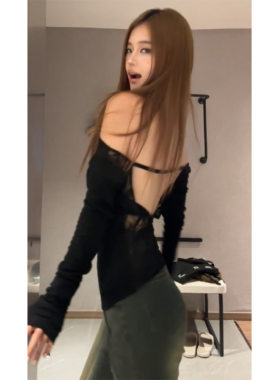 一字带荡领蕾丝拼接露背上衣女