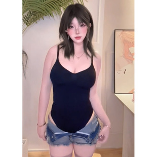 欧美黑色吊带连体衣女Skims同款辣妹性感微塑身收腹束腰打底上衣