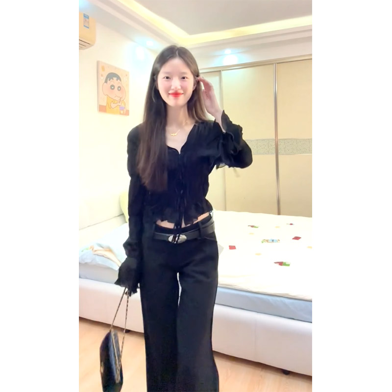 设计感绑带薄款雪纺衫女2024新款辣妹风小众宽松喇叭长袖短款上衣