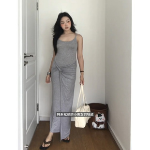 美式辣妹纽结设计吊带长裙女款慵懒修身弹力显瘦收腰灰色连衣裙