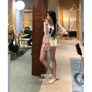 设计感莓果粉紫竖条纹印花半身裙女含安全裤辣妹低腰百搭A字短裙