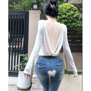 辣妹性感交叉露背长袖上衣女秋新款韩系慵懒宽松心机微透针织罩衫