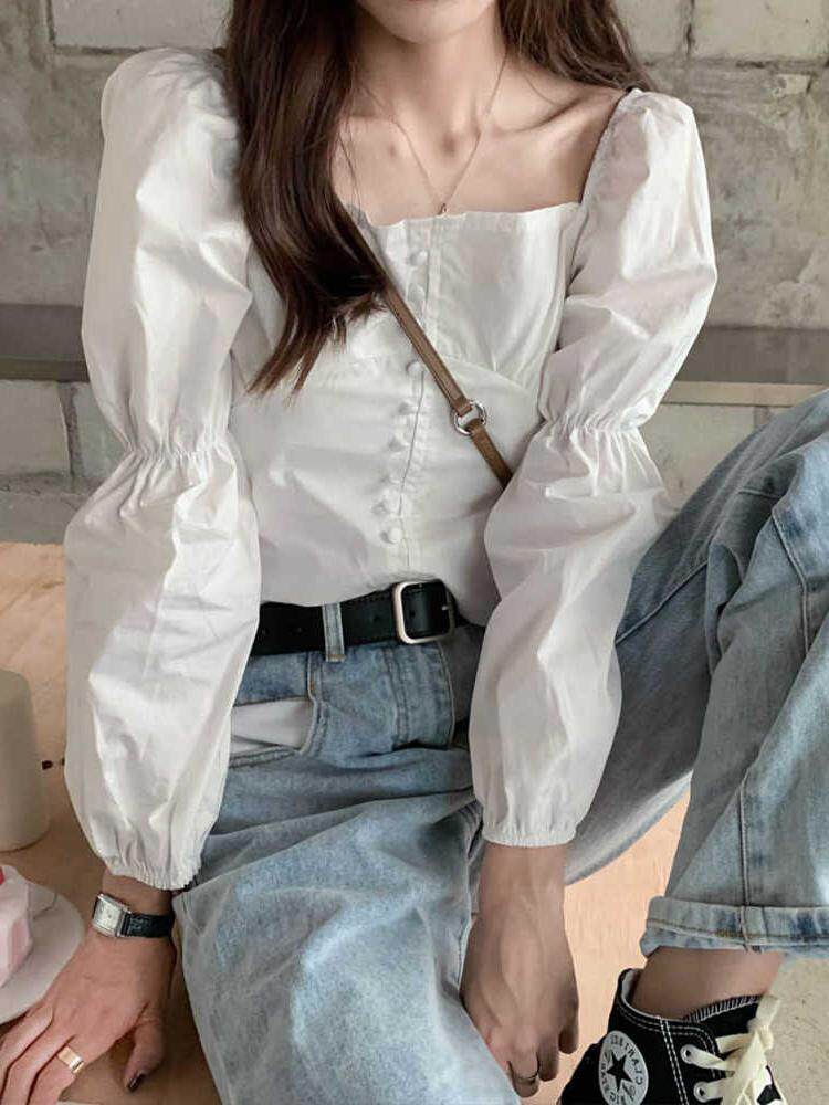 春秋复古褶皱泡泡上衣方领衬衫修身长袖白色衬衣女ins潮牛津纺在类目 女装/女士精品, 衬衫中 - 来自Buy2taobao.com提供专业的淘宝代购服务