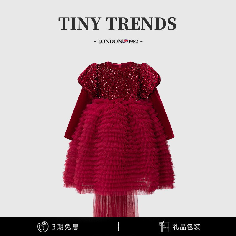 女童红色亮片礼服新年圣诞公主裙