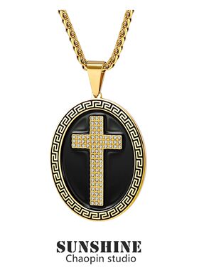 欧美复古男潮圆牌十字架项链男士