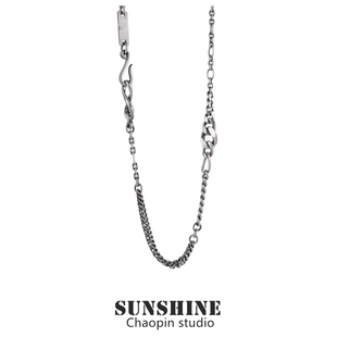 白举纲同款 嘻哈钛钢古巴链百搭简约配饰 做旧多重拼接项链高级男士