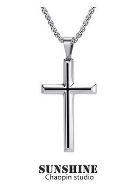 欧美男潮简约钛钢斜面十字架项链黑色嘻哈男女高级感吊坠个性配饰