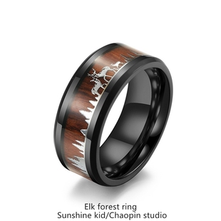 欧美男士 木质木纹镶嵌野鹿森林戒指麋鹿群钛钢男女戒指环情侣配饰