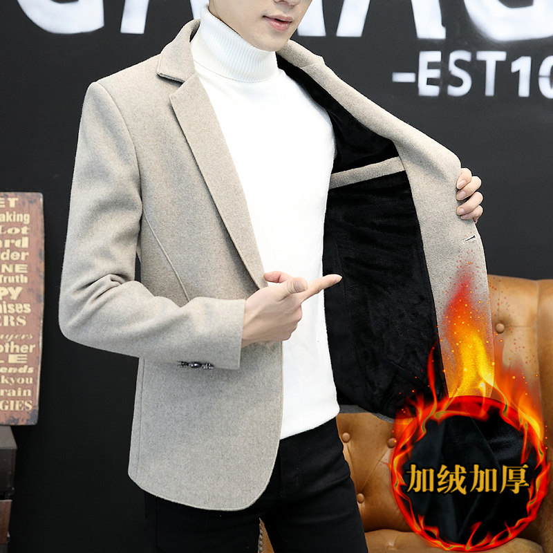 香港秋冬季加绒小西装男士韩版修身单西休闲加厚毛呢西服上衣外套