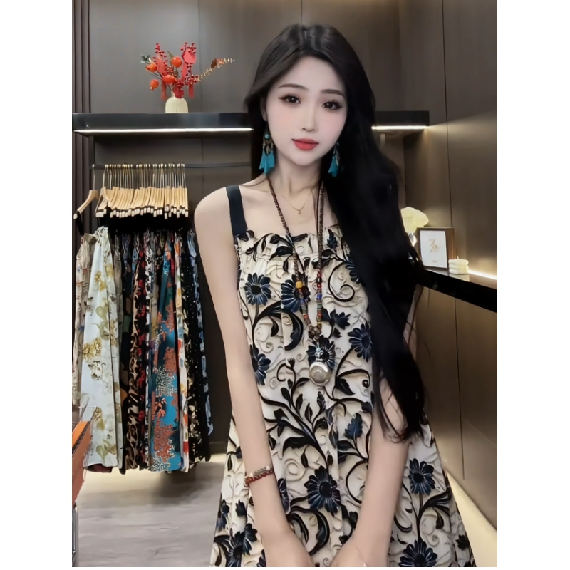 海边度假锻料吊带裙夏季新款A字无袖气质时尚遮肉显瘦宽松连衣裙