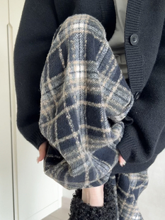 拖地毛呢直筒阔腿裤 黑色格子裤 高腰垂感休闲窄版 2025新款 女秋冬季