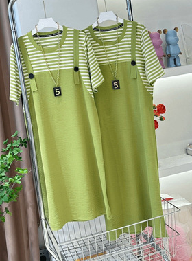 大码女装减龄胖mm夏季新款港风假两件背带遮肉显瘦百搭时尚连衣裙