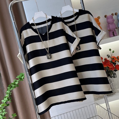 大码欧货条纹短袖T恤女