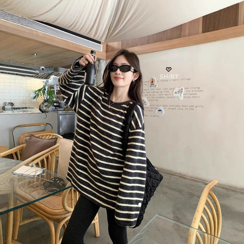 兔毛绒条纹针织衫女秋款