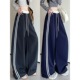 女秋2025新款 藏青色弯刀裤 撞色高腰显瘦宽松侧条纹休闲阔腿裤 美式