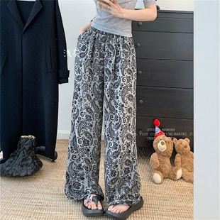 大码女装复古气质休闲裤夏季设计感印花阔腿裤胖MM显瘦拖地长裤子