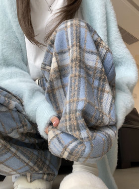 蓝色毛呢格子裤子女秋冬2025新款高腰垂感休闲拖地复古加绒阔腿裤