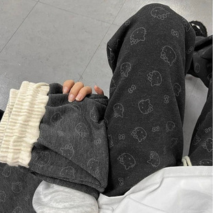 kt猫印花大码200斤糯米裤子女秋冬季新款显瘦高腰宽松直筒阔腿裤