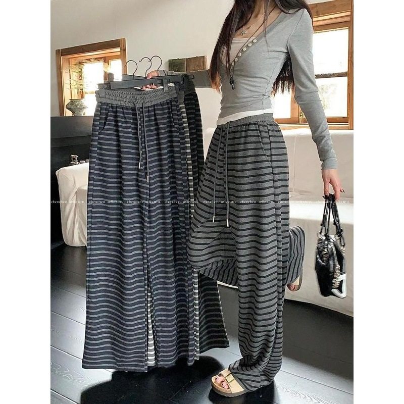 条纹休闲长裤女2025秋季新款慵懒风高腰抽绳宽松遛弯裤阔腿拖地裤,女装/女士精品,休闲裤,淘宝优惠券,粉丝福利购,淘宝优惠卷