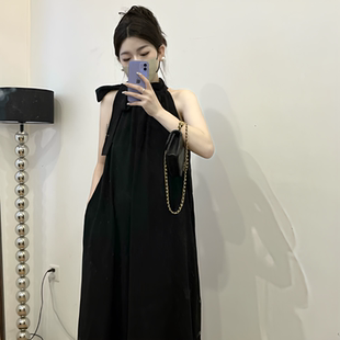 新款 胖mm2025夏季 女裝 遮肉顯瘦系腰帶連衣裙子 掛脖式 無袖 法式 大碼