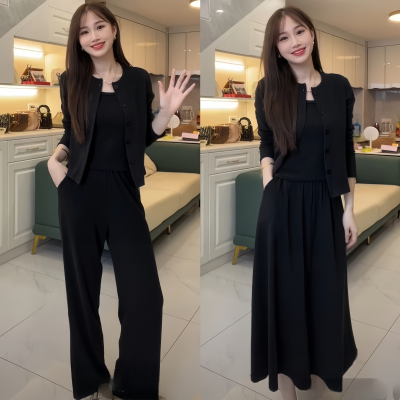 开衫背心半身裙阔腿裤三件套装女