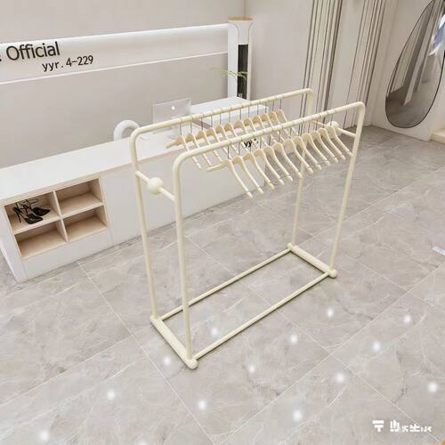 奶白色服装店中岛展示架不锈钢落地陈列架简约女装店铺双排挂衣架