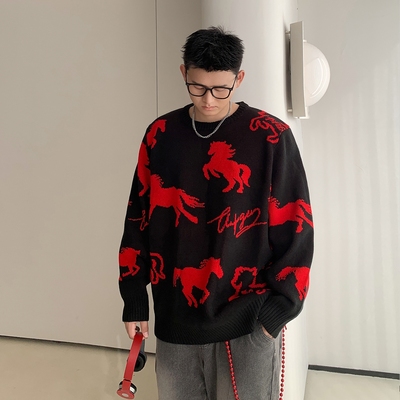 本命年大红色毛衣秋冬季男加厚高级感粗提花针织外套马年大码线衣